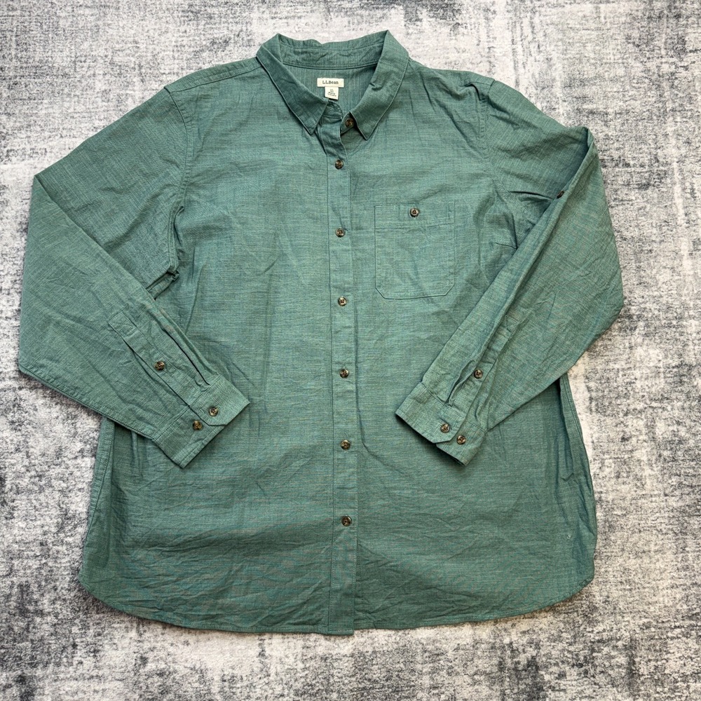 LL Bean Top Womens XL Green Chambray Cotton Stretch Button Up Workshirt Roll Tab